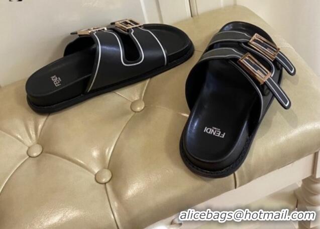 Good Quality Fendi Feel Leather Flat Slide Sandals Black 072033