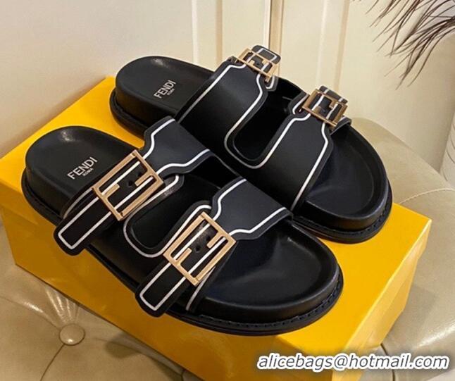 Good Quality Fendi Feel Leather Flat Slide Sandals Black 072033