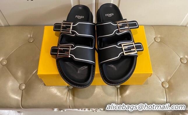 Good Quality Fendi Feel Leather Flat Slide Sandals Black 072033