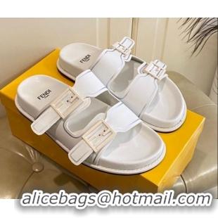 Comfortable Fendi Feel Leather Flat Slide Sandals White 072034