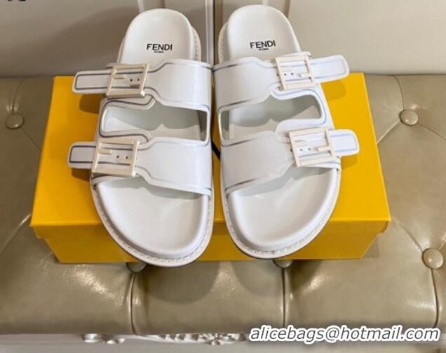 Comfortable Fendi Feel Leather Flat Slide Sandals White 072034