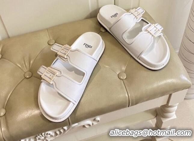 Comfortable Fendi Feel Leather Flat Slide Sandals White 072034