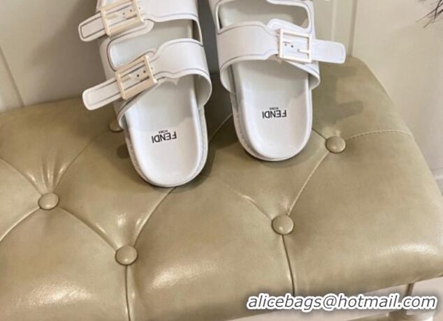 Comfortable Fendi Feel Leather Flat Slide Sandals White 072034