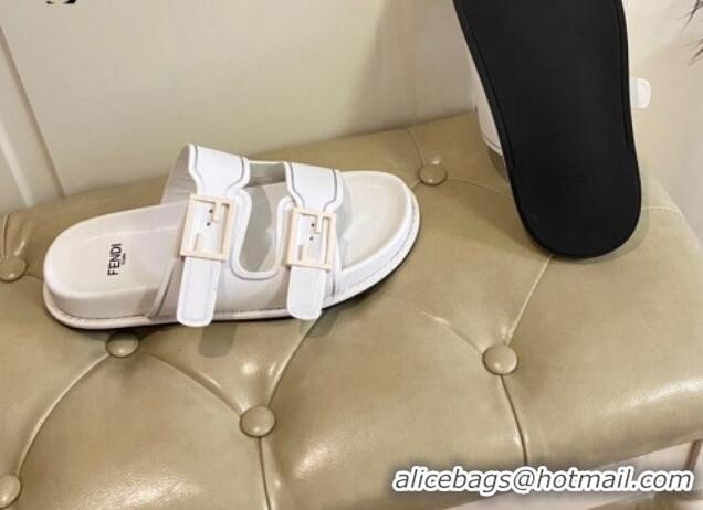 Comfortable Fendi Feel Leather Flat Slide Sandals White 072034