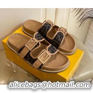 Luxurious Fendi Feel Flat Slide Sandals in Coffee Brown FF Fabric 072035