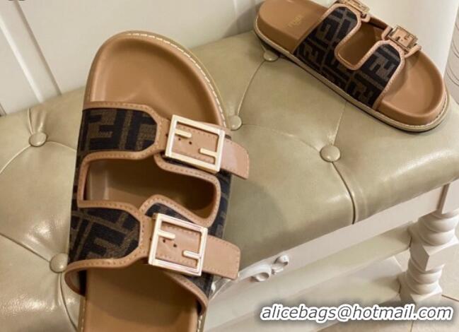 Luxurious Fendi Feel Flat Slide Sandals in Coffee Brown FF Fabric 072035