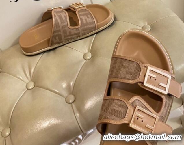 Most Popular Fendi Feel Flat Slide Sandals in Camel Brown FF Fabric 072036