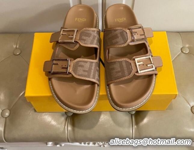 Most Popular Fendi Feel Flat Slide Sandals in Camel Brown FF Fabric 072036