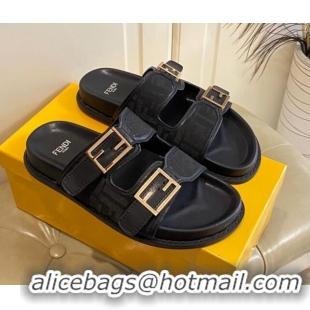 Durable Fendi Feel Flat Slide Sandals in Black FF Fabric 072037