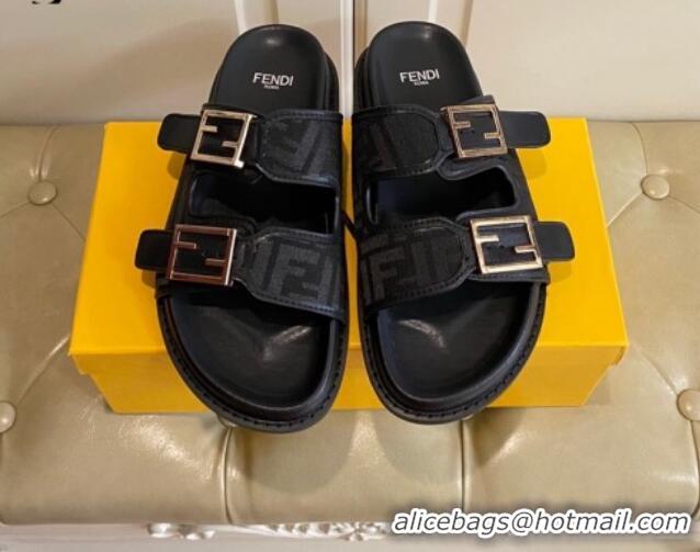 Durable Fendi Feel Flat Slide Sandals in Black FF Fabric 072037