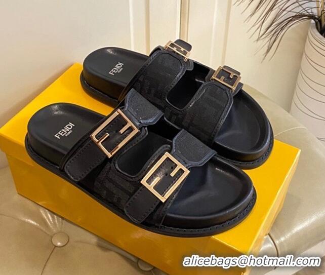 Durable Fendi Feel Flat Slide Sandals in Black FF Fabric 072037