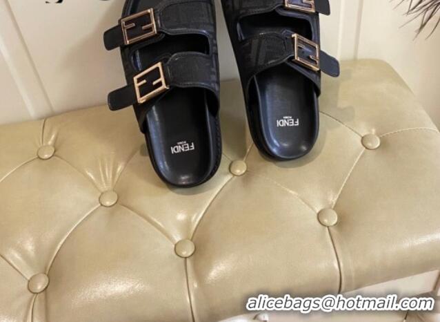 Durable Fendi Feel Flat Slide Sandals in Black FF Fabric 072037