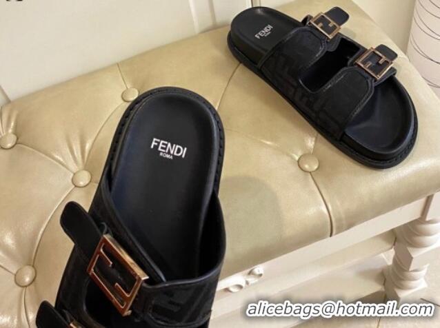 Durable Fendi Feel Flat Slide Sandals in Black FF Fabric 072037