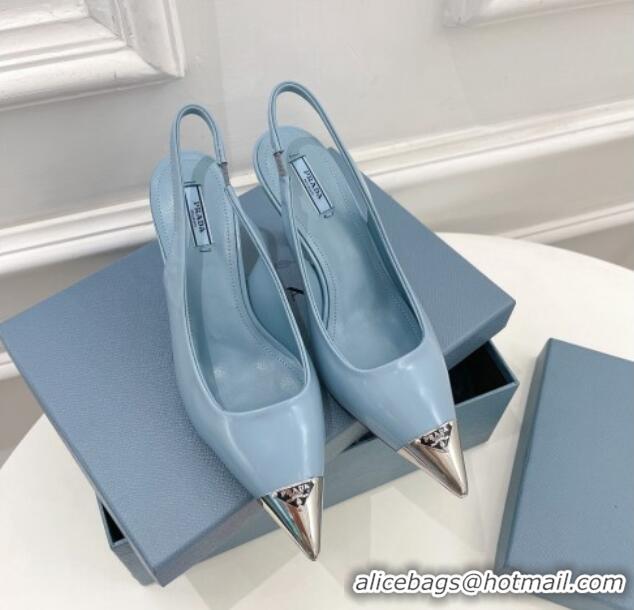 Hot Style Prada Brush Leather Slingback Pumps 7.5cm with Metal Logo Blue 2052397