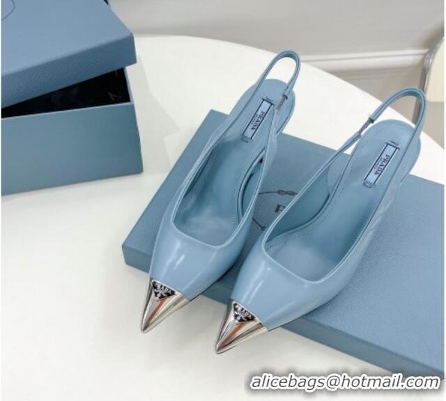 Hot Style Prada Brush Leather Slingback Pumps 7.5cm with Metal Logo Blue 2052397