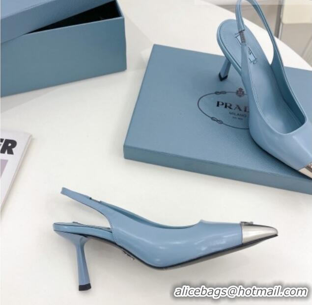 Hot Style Prada Brush Leather Slingback Pumps 7.5cm with Metal Logo Blue 2052397