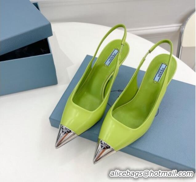 Classic Hot Prada Brush Leather Slingback Pumps 7.5cm with Metal Logo Green 052398