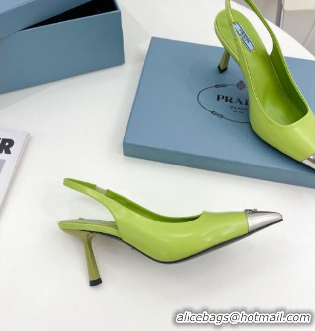 Classic Hot Prada Brush Leather Slingback Pumps 7.5cm with Metal Logo Green 052398