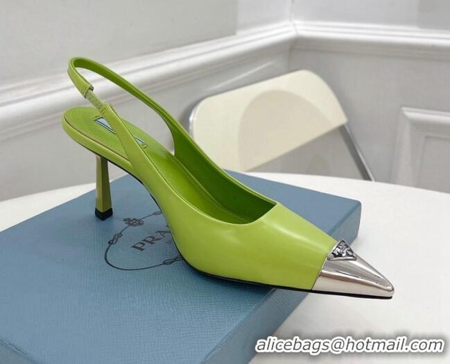 Classic Hot Prada Brush Leather Slingback Pumps 7.5cm with Metal Logo Green 052398