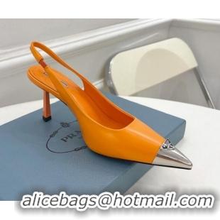 Unique Style Prada Brush Leather Slingback Pumps 7.5cm with Metal Logo Orange 052399