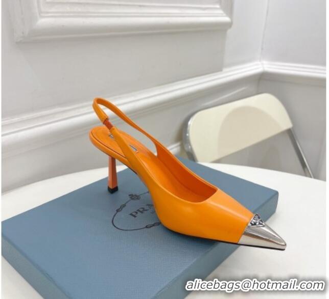 Unique Style Prada Brush Leather Slingback Pumps 7.5cm with Metal Logo Orange 052399