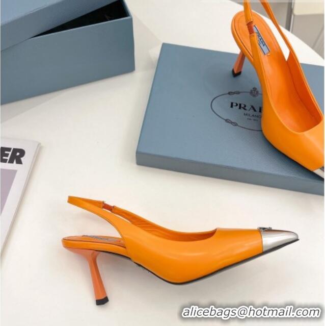 Unique Style Prada Brush Leather Slingback Pumps 7.5cm with Metal Logo Orange 052399