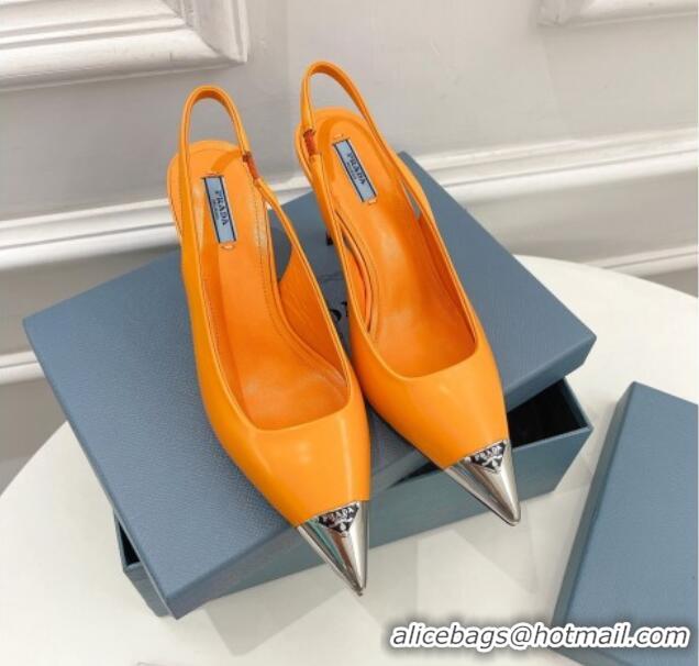 Unique Style Prada Brush Leather Slingback Pumps 7.5cm with Metal Logo Orange 052399