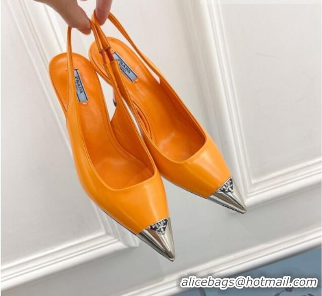 Unique Style Prada Brush Leather Slingback Pumps 7.5cm with Metal Logo Orange 052399