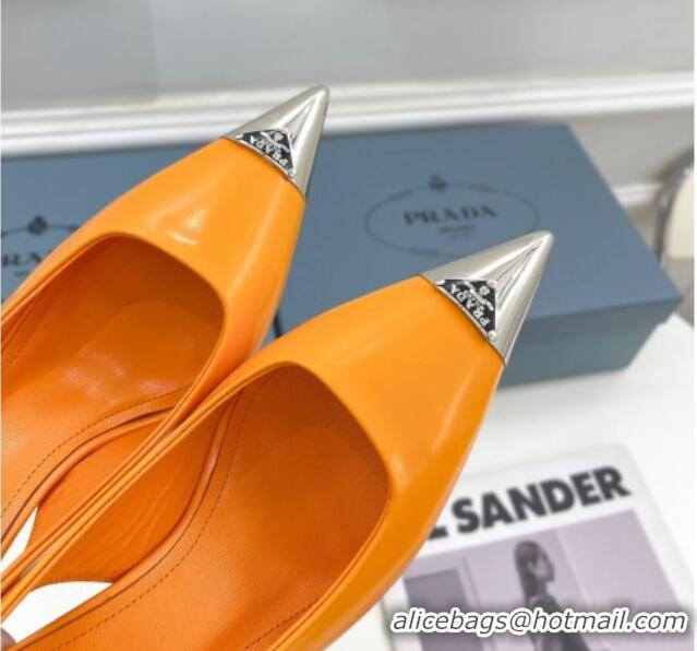 Unique Style Prada Brush Leather Slingback Pumps 7.5cm with Metal Logo Orange 052399