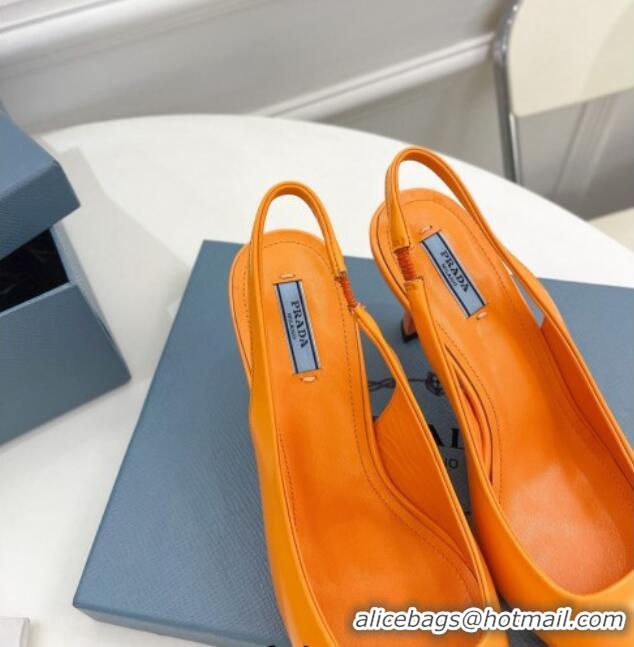 Unique Style Prada Brush Leather Slingback Pumps 7.5cm with Metal Logo Orange 052399