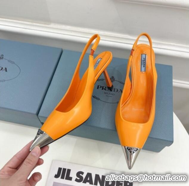 Unique Style Prada Brush Leather Slingback Pumps 7.5cm with Metal Logo Orange 052399