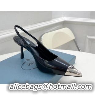 Good Quality Prada Brush Leather Slingback Pumps 7.5cm with Metal Logo Black 0523100