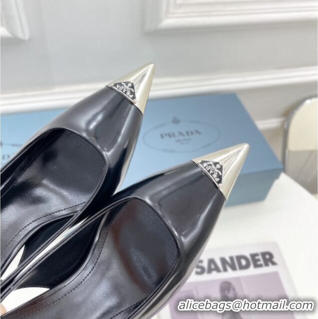 Good Quality Prada Brush Leather Slingback Pumps 7.5cm with Metal Logo Black 0523100