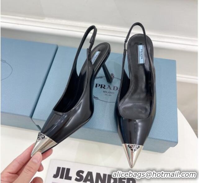 Good Quality Prada Brush Leather Slingback Pumps 7.5cm with Metal Logo Black 0523100