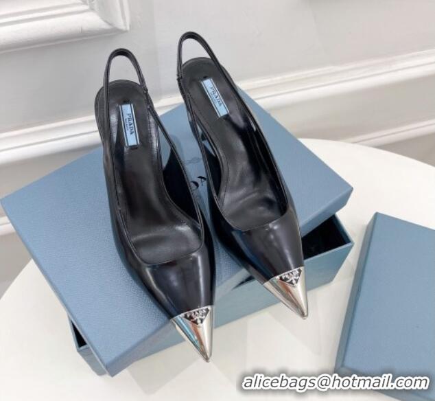 Good Quality Prada Brush Leather Slingback Pumps 7.5cm with Metal Logo Black 0523100