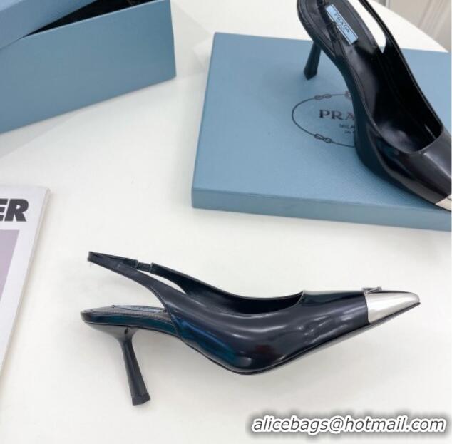 Good Quality Prada Brush Leather Slingback Pumps 7.5cm with Metal Logo Black 0523100