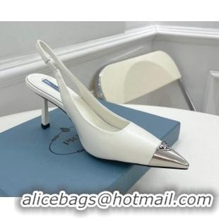 Grade Quality Prada Brush Leather Slingback Pumps 7.5cm with Metal Logo White 0523101