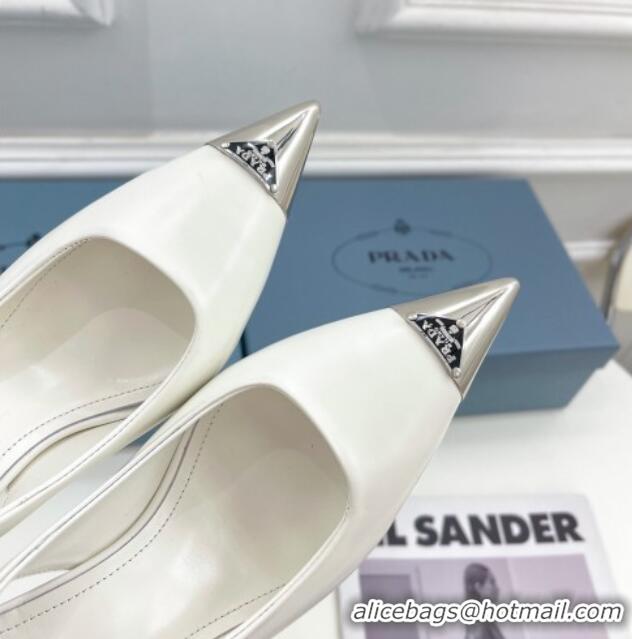 Grade Quality Prada Brush Leather Slingback Pumps 7.5cm with Metal Logo White 0523101