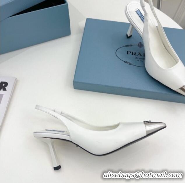 Grade Quality Prada Brush Leather Slingback Pumps 7.5cm with Metal Logo White 0523101