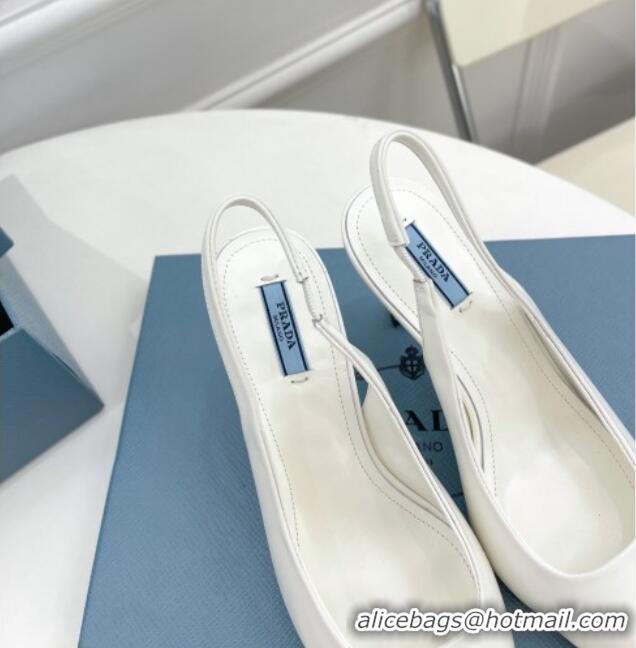 Grade Quality Prada Brush Leather Slingback Pumps 7.5cm with Metal Logo White 0523101