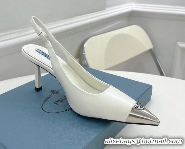 Grade Quality Prada Brush Leather Slingback Pumps 7.5cm with Metal Logo White 0523101