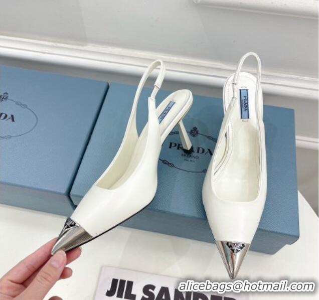 Grade Quality Prada Brush Leather Slingback Pumps 7.5cm with Metal Logo White 0523101