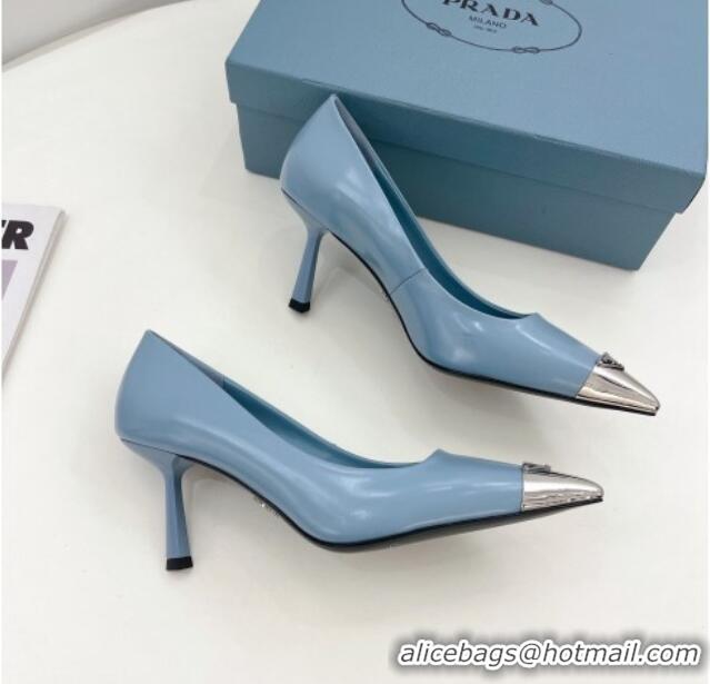 Good Product Prada Brush Leather Slingback Pumps 7.5cm with Metal Logo Blue 0523102