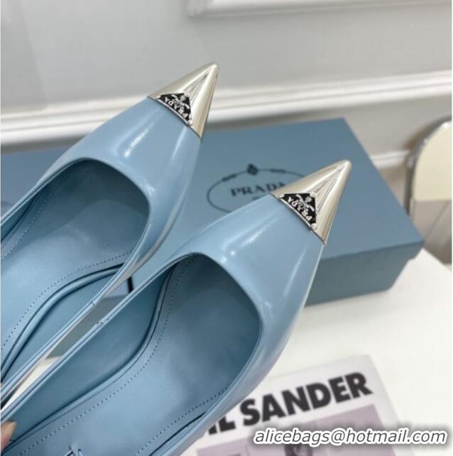 Good Product Prada Brush Leather Slingback Pumps 7.5cm with Metal Logo Blue 0523102