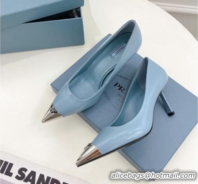 Good Product Prada Brush Leather Slingback Pumps 7.5cm with Metal Logo Blue 0523102