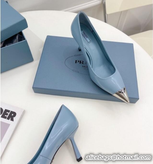 Good Product Prada Brush Leather Slingback Pumps 7.5cm with Metal Logo Blue 0523102