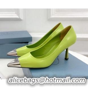 Popular Style Prada Brush Leather Slingback Pumps 7.5cm with Metal Logo Green 0523103