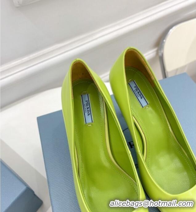 Popular Style Prada Brush Leather Slingback Pumps 7.5cm with Metal Logo Green 0523103