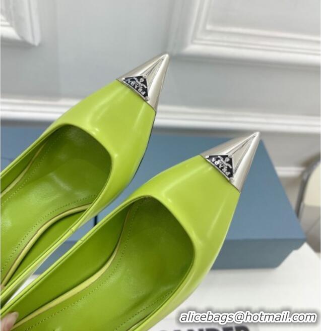 Popular Style Prada Brush Leather Slingback Pumps 7.5cm with Metal Logo Green 0523103