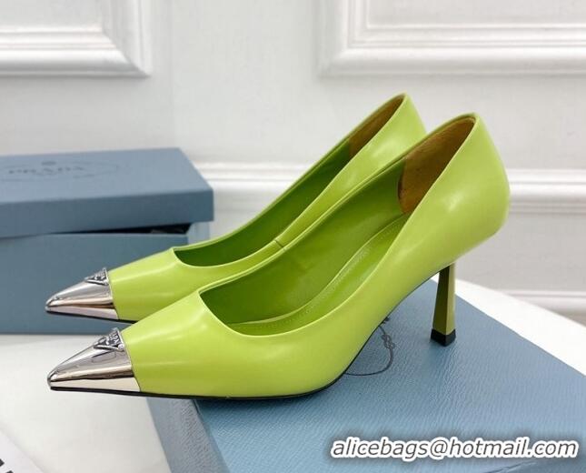 Popular Style Prada Brush Leather Slingback Pumps 7.5cm with Metal Logo Green 0523103